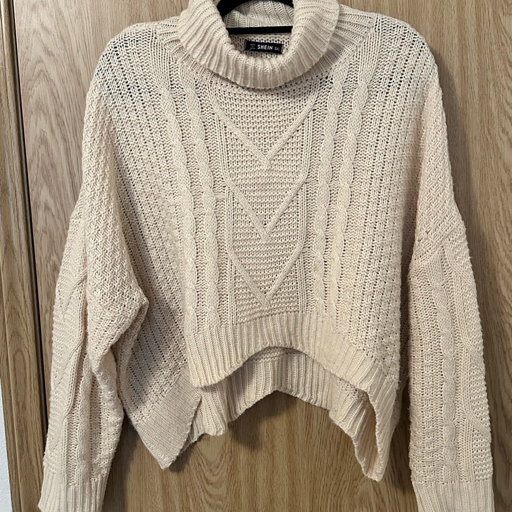 SHEIN Cream Cropped Cable Knit Turtleneck Sweater